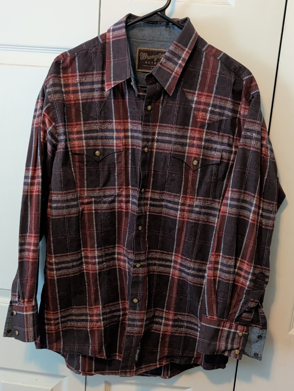 Wrangler Men's Burgundy and Black Plaid Button-Down Shirt